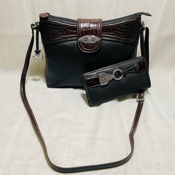 Brighton Black and Brown Leather Shoulder Bag and Wallet Set - Picture 1 of 15